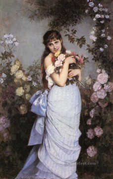 Auguste Toulmouche Painting - A Young Woman In A Rose Garden Auguste Toulmouche